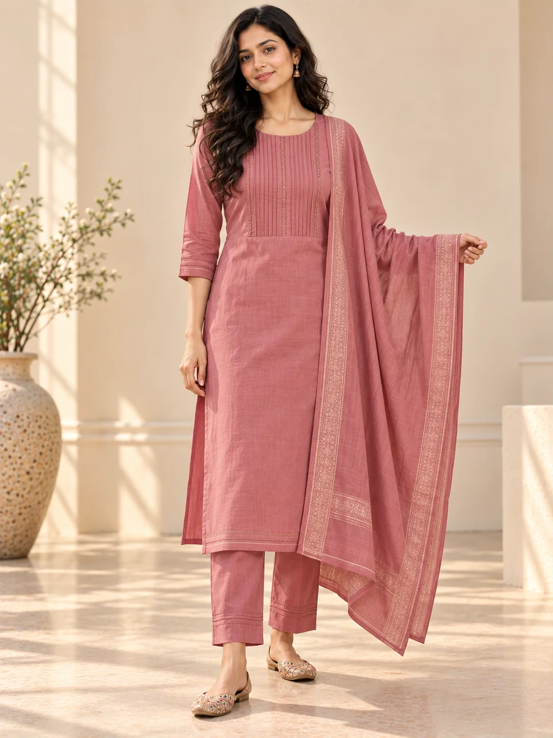 Old Rose Cotton Straight Suit Set