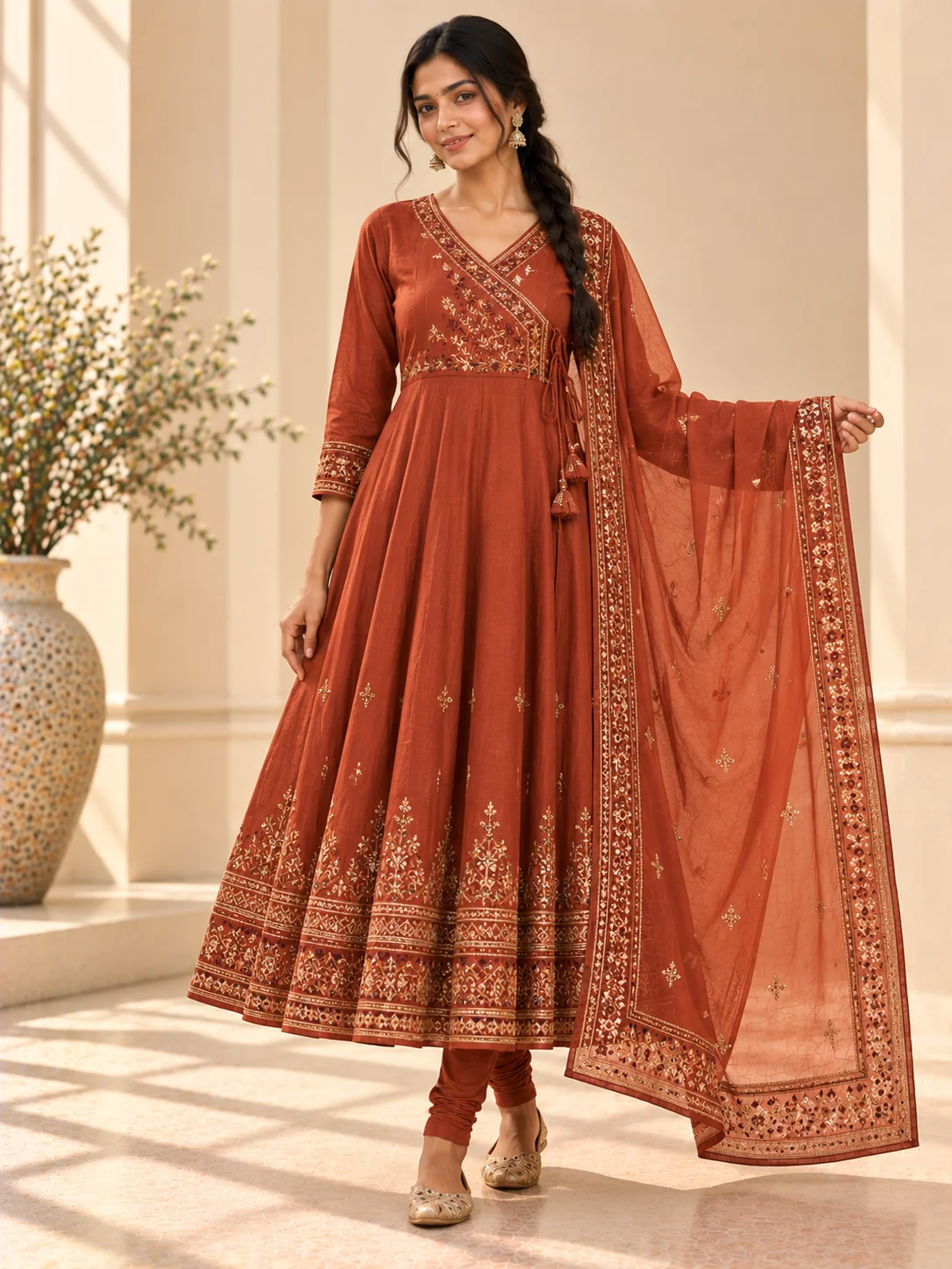 Rust Angrakha Festive Anarkali Suit Set
