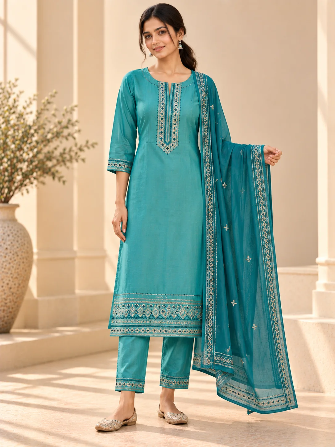 Turquoise Viscose Rayon Embroidered Kurta Set