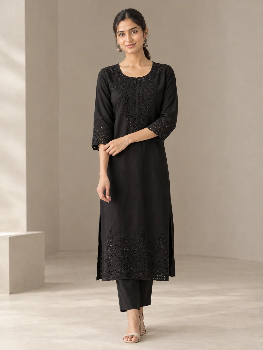 Black Schiffli Embroidered Straight Kurta