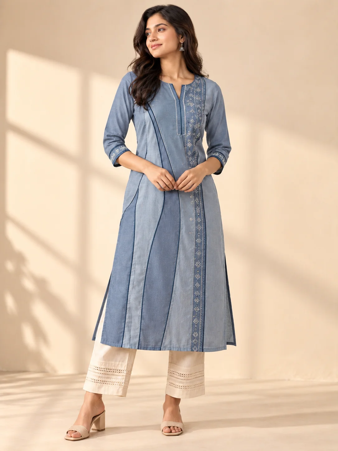 Dusty Blue Cotton Blend Panelled Kurta