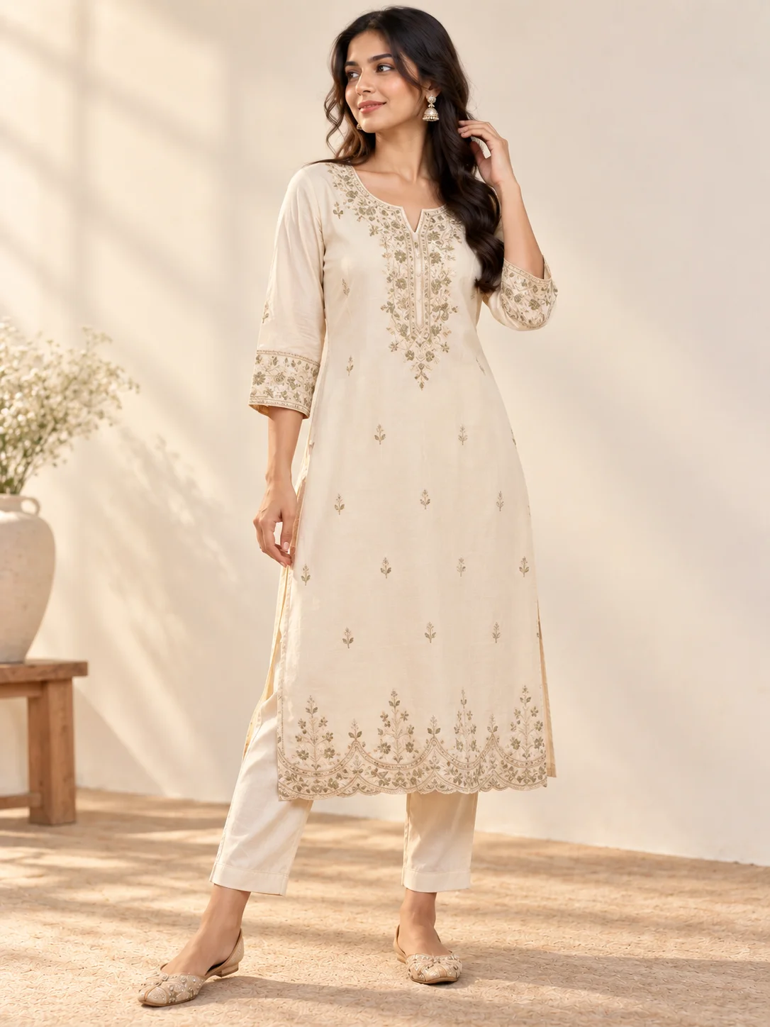 Warm Ivory Cotton Blend Embroidered Kurta