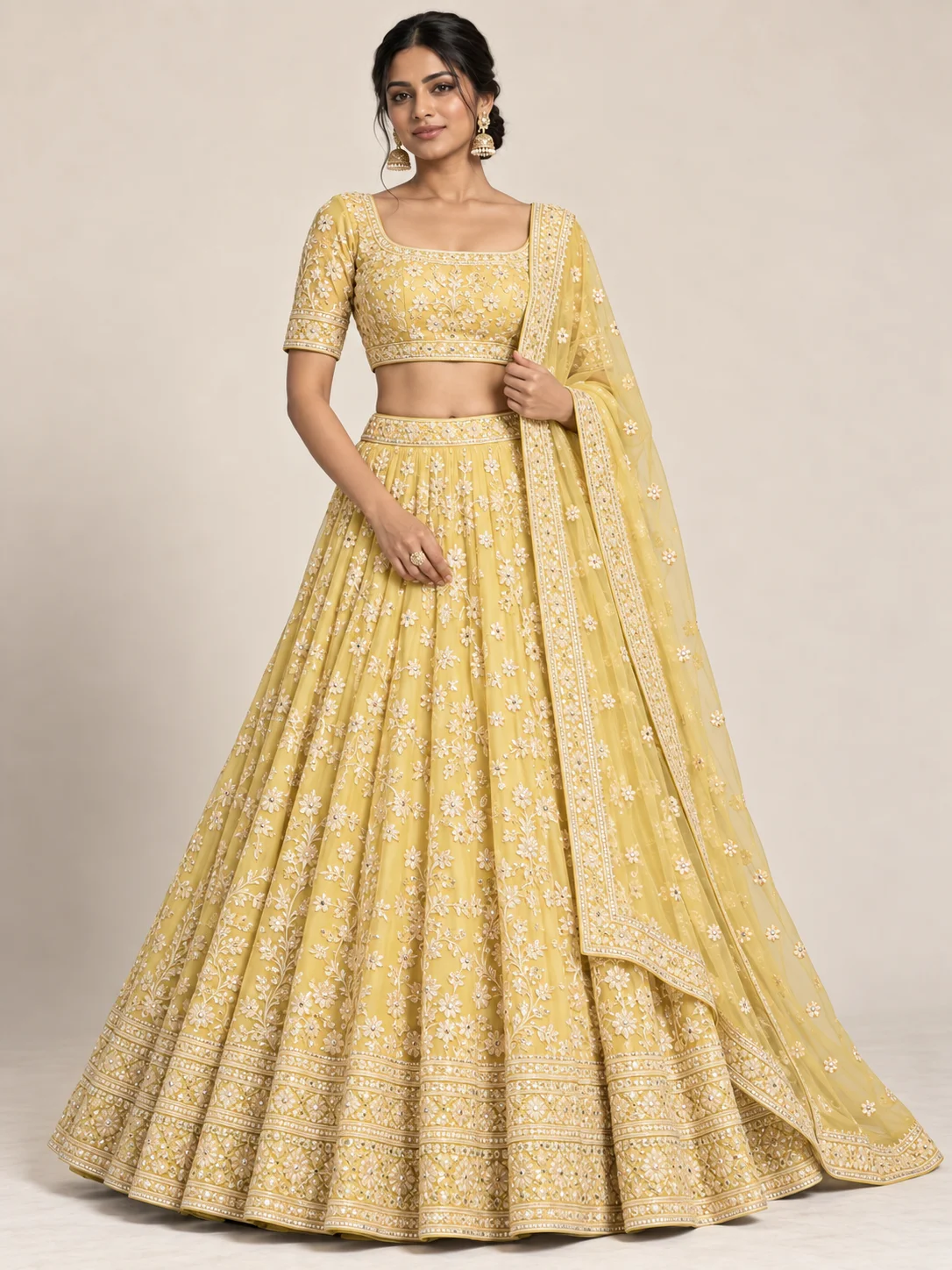 Lemon Yellow Thread Work Lehenga Set