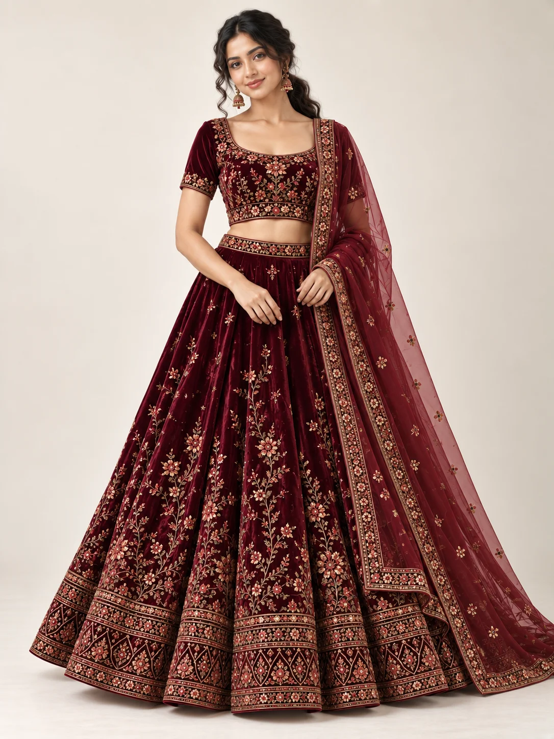 Wine Velvet Lehenga Set