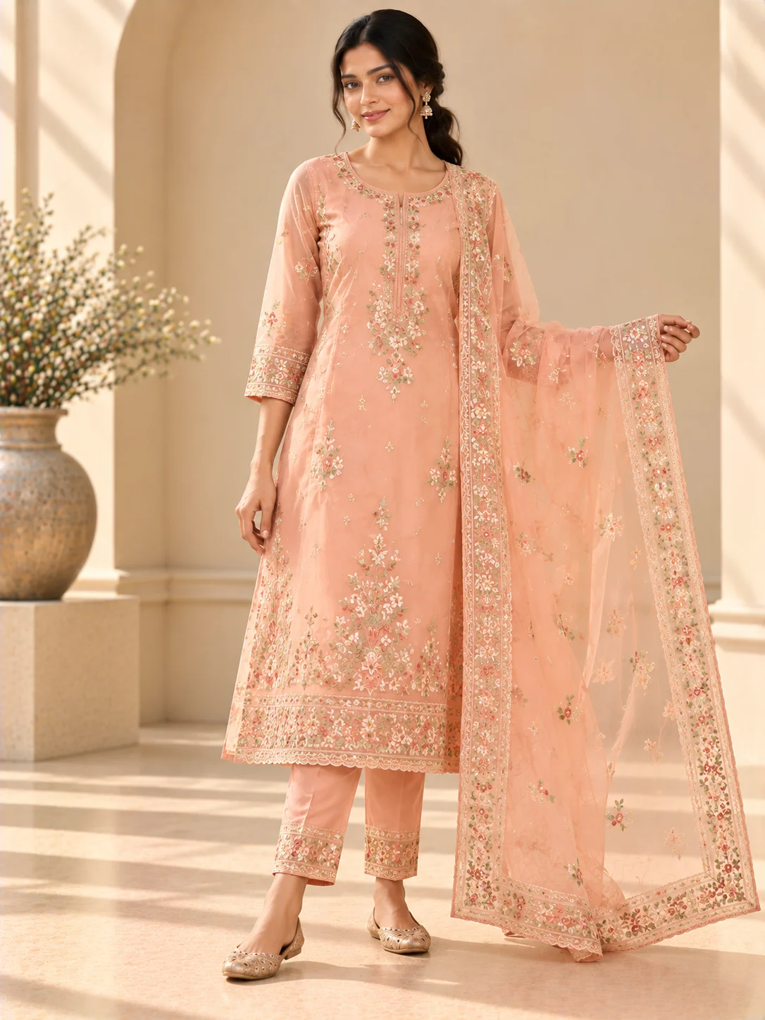 Peach Organza Embroidered Suit Set