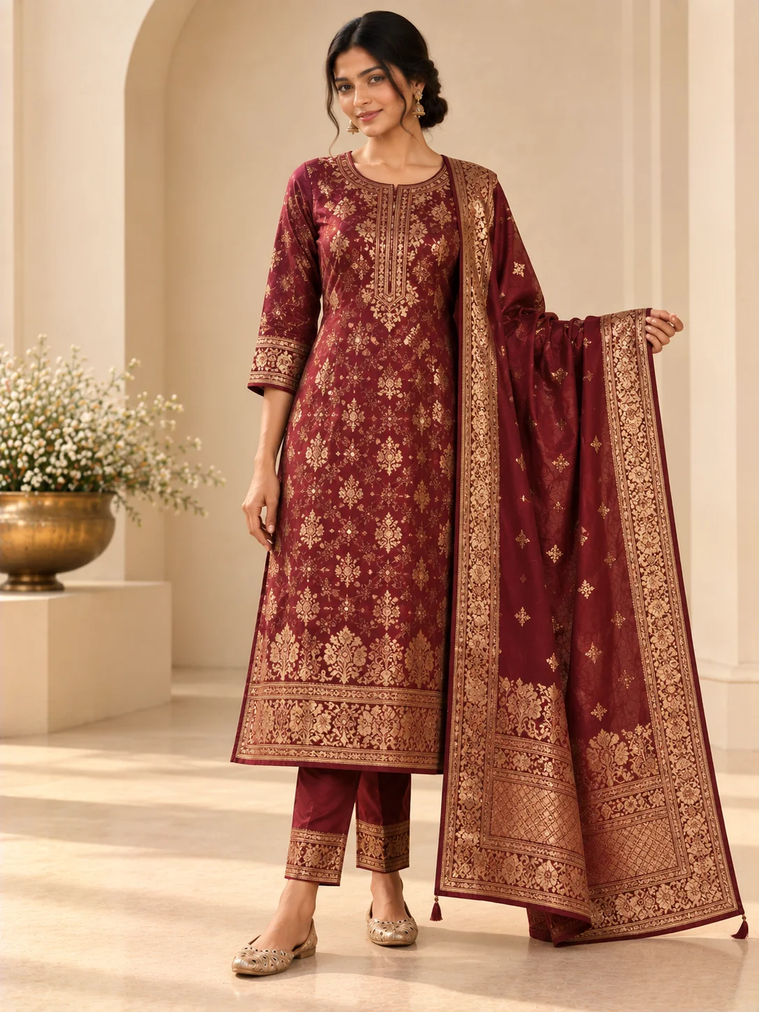 Wine Banaras Brocade Suit Set