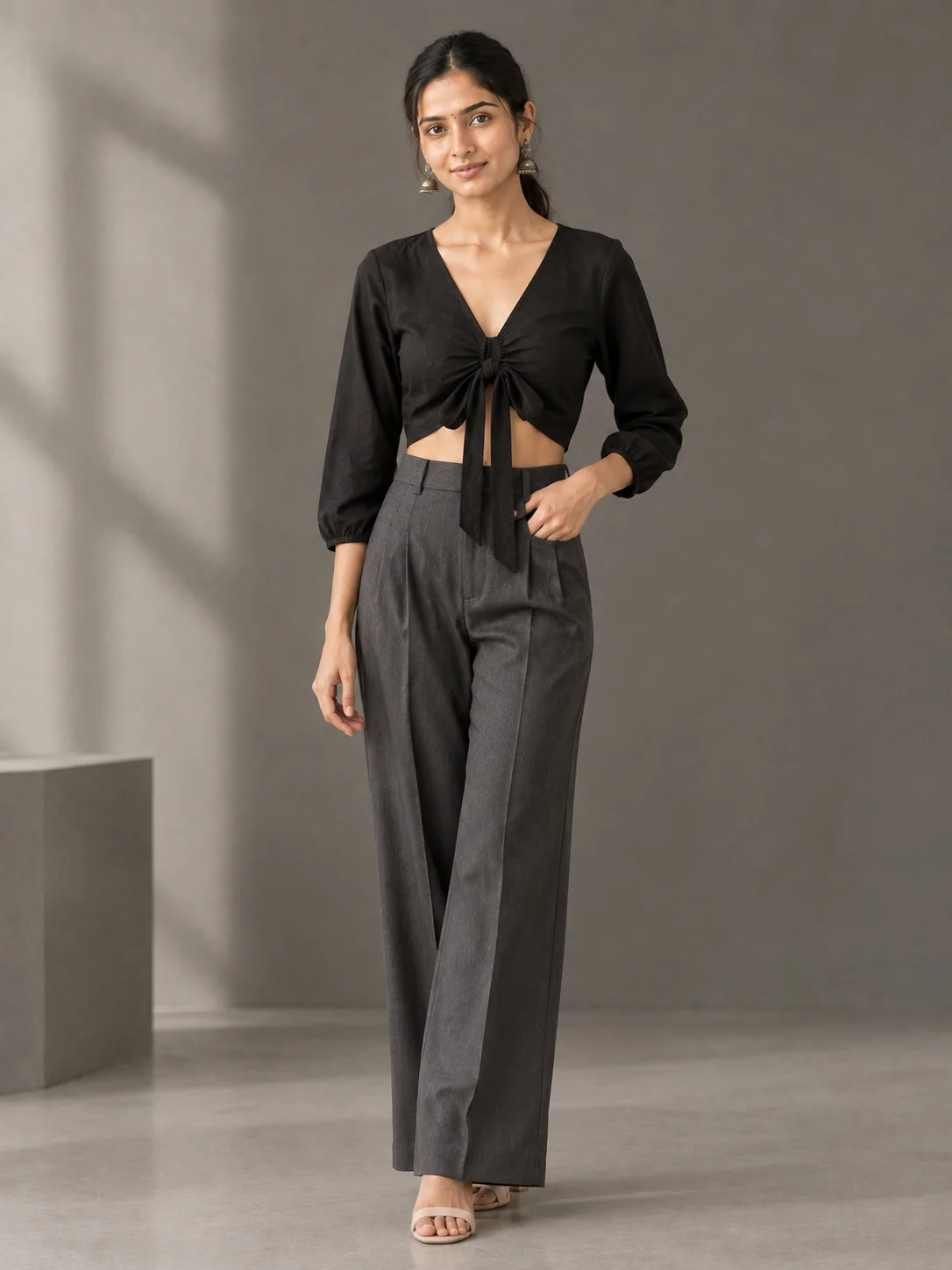 Black Crop Tie-Front Top