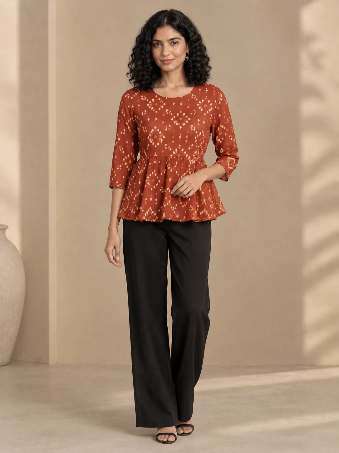 Rust Bandhani Peplum Top
